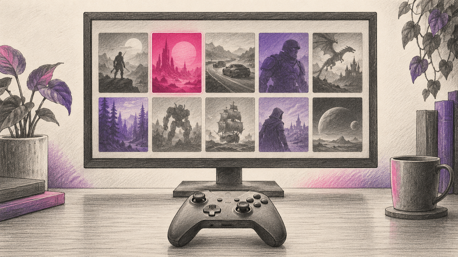 Graphitskizze eines Monitors mit symbolischer Spielebibliothek und Gamepad