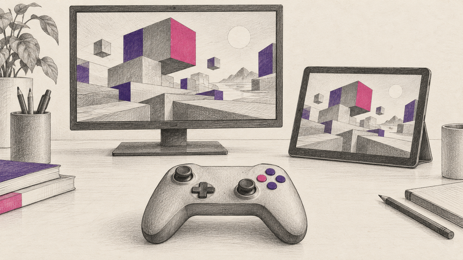 Graphitskizze eines Controllers vor Monitor und Tablet, die dieselbe abstrakte geometrische Spielwelt zeigen
