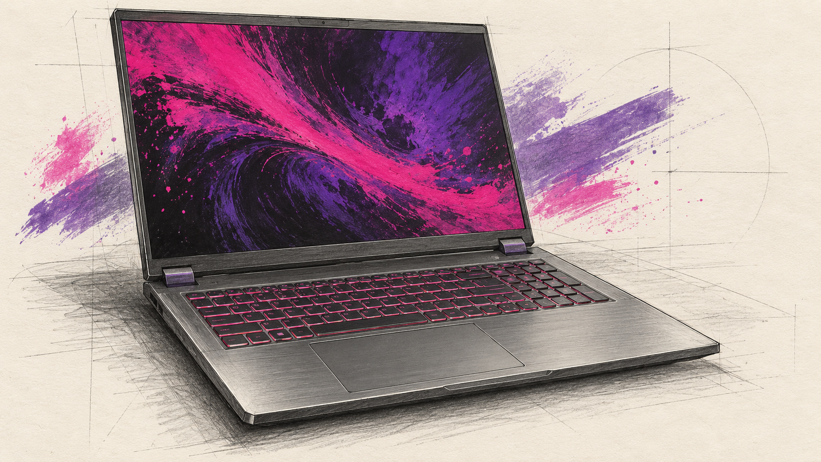 KI-Illustration: großer aufgeklappter Gaming-Laptop mit abstraktem Magenta-Violett-Motiv